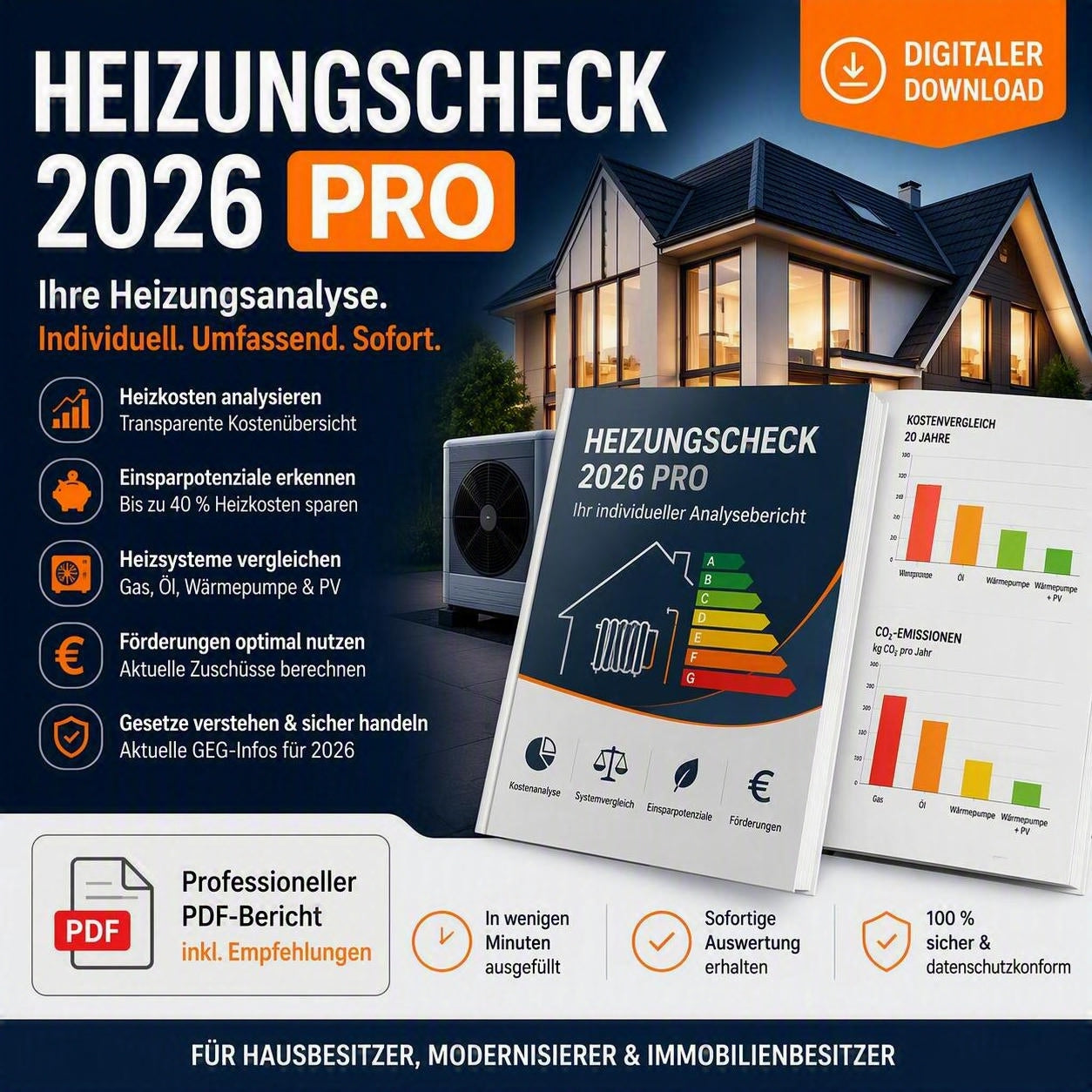 Heizungscheck Pro 2026 – Werbegrafik: Heizungsanalyse, Kostenvergleich, moderne Anlagenoptionen und Förderung