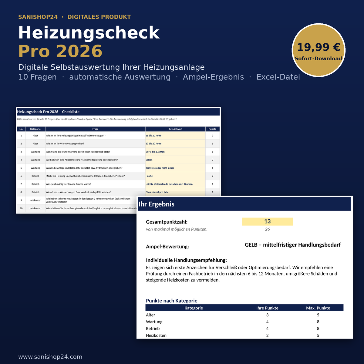 Heizungscheck Pro 2026 Excel-Tool – Screenshot der Blätter Gebäude & Anlage und Ergebnis mit Zustands-Ampel und Diagrammen
